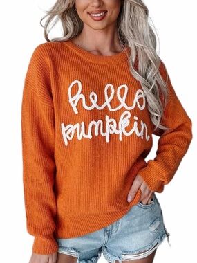 Hello Pumpkin Orange Knit Sweater Size Large NWOT